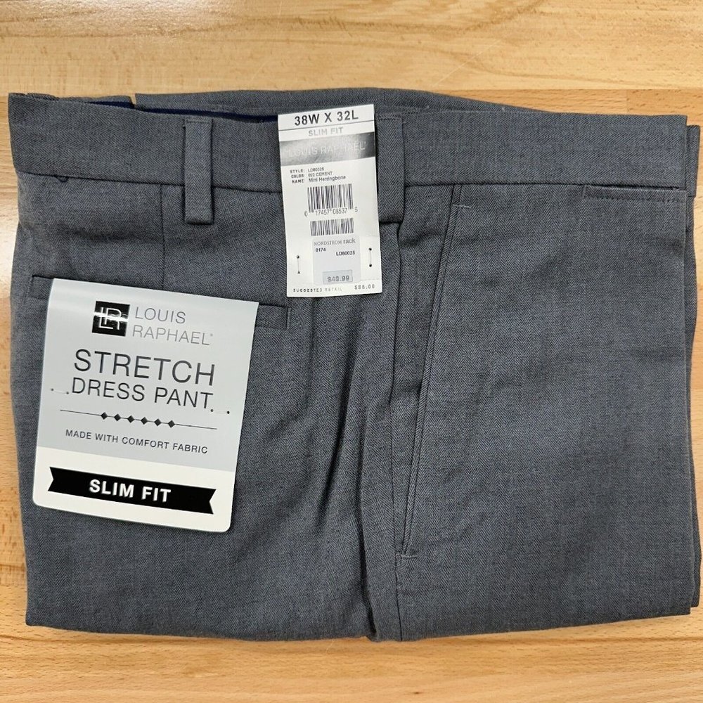 Louis Raphael Men's Slim Fit Dress Pants 38x32 Gray Straight Mini Herringbone